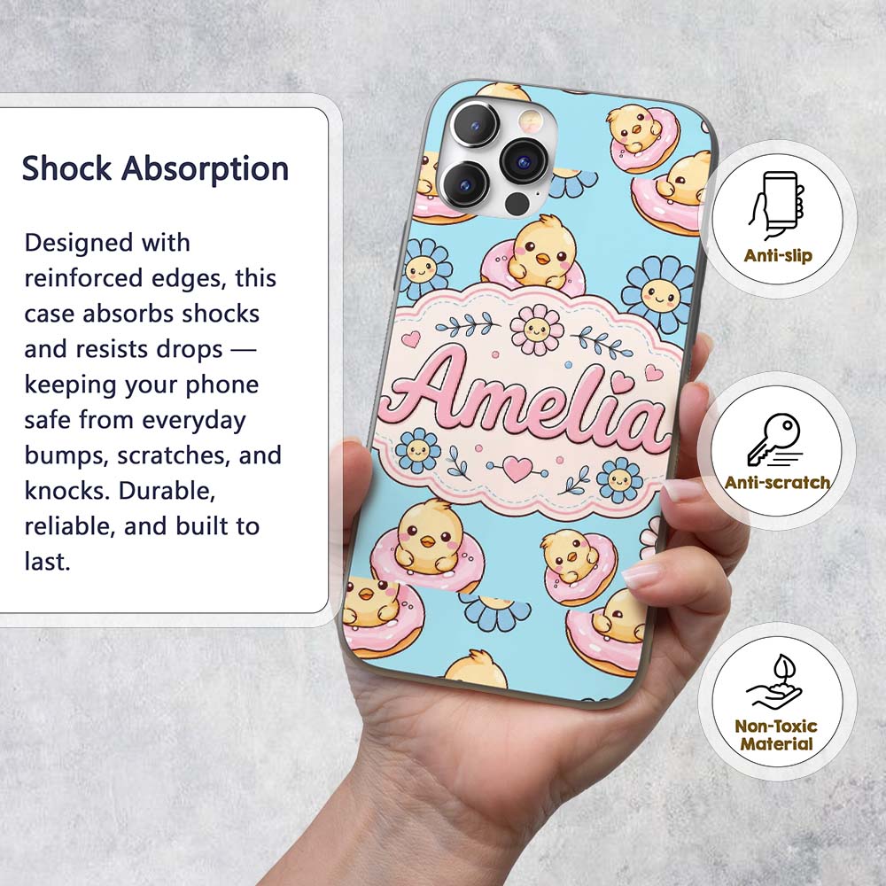 Cute Baby Chick Donut Flowers Seamless Pattern Custom Name Protective Phone Case Mobile Cover Durable Everyday Smartphone Shock Resistant