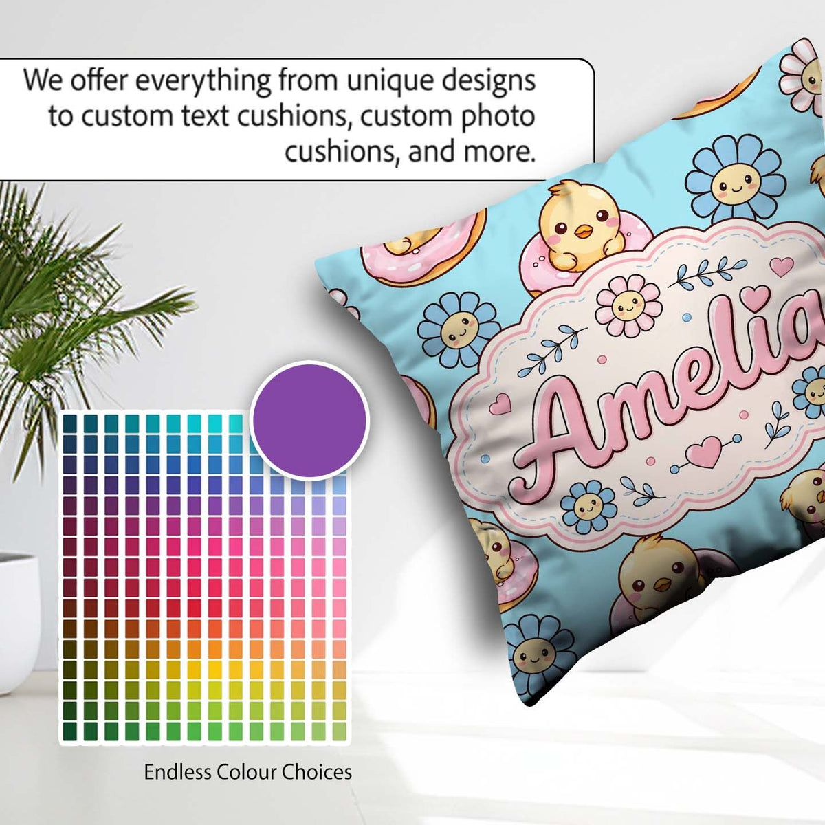 Custom Name Baby Chick Donut Flowers Seamless Pattern Aqua Blue Square Filled Cushion Throw Pillow Sofa Bed Home Decor Zip Washable UK Made