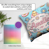 Custom Name Baby Chick Donut Flowers Seamless Pattern Aqua Blue Square Filled Cushion Throw Pillow Sofa Bed Home Decor Zip Washable UK Made