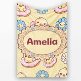 Cute Baby Chick Donut Flowers Seamless Pattern Pastel Yellow Lovely  Personalised Custom Name Super Soft Fleece Blanket Bed Sofa Throw