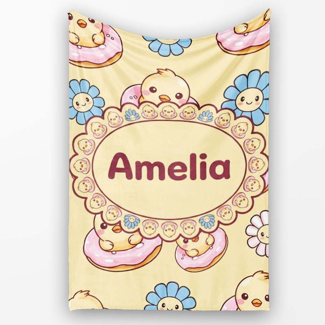 Cute Baby Chick Donut Flowers Seamless Pattern Pastel Yellow Lovely  Personalised Custom Name Super Soft Fleece Blanket Bed Sofa Throw