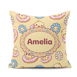 Custom Name Cute Baby Chick Donut Flowers Seamless Pastel Yellow Square Filled Cushion Throw Pillow Sofa Bed Home Decor Zip Washable UK Made
