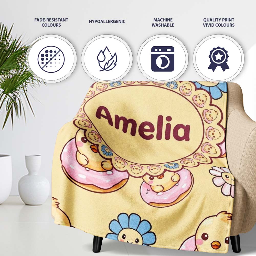 Cute Baby Chick Donut Flowers Seamless Pattern Pastel Yellow Lovely  Personalised Custom Name Super Soft Fleece Blanket Bed Sofa Throw