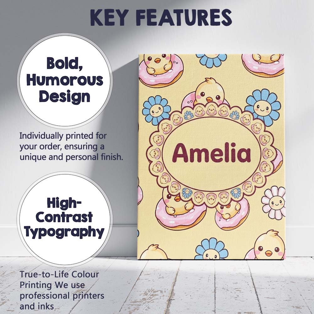 Personalised Name Cute Baby Chick Donut Custom  Modern Room Accent Elegant Feature Canvas Wall Art Print Decor Picture Ready to Hang