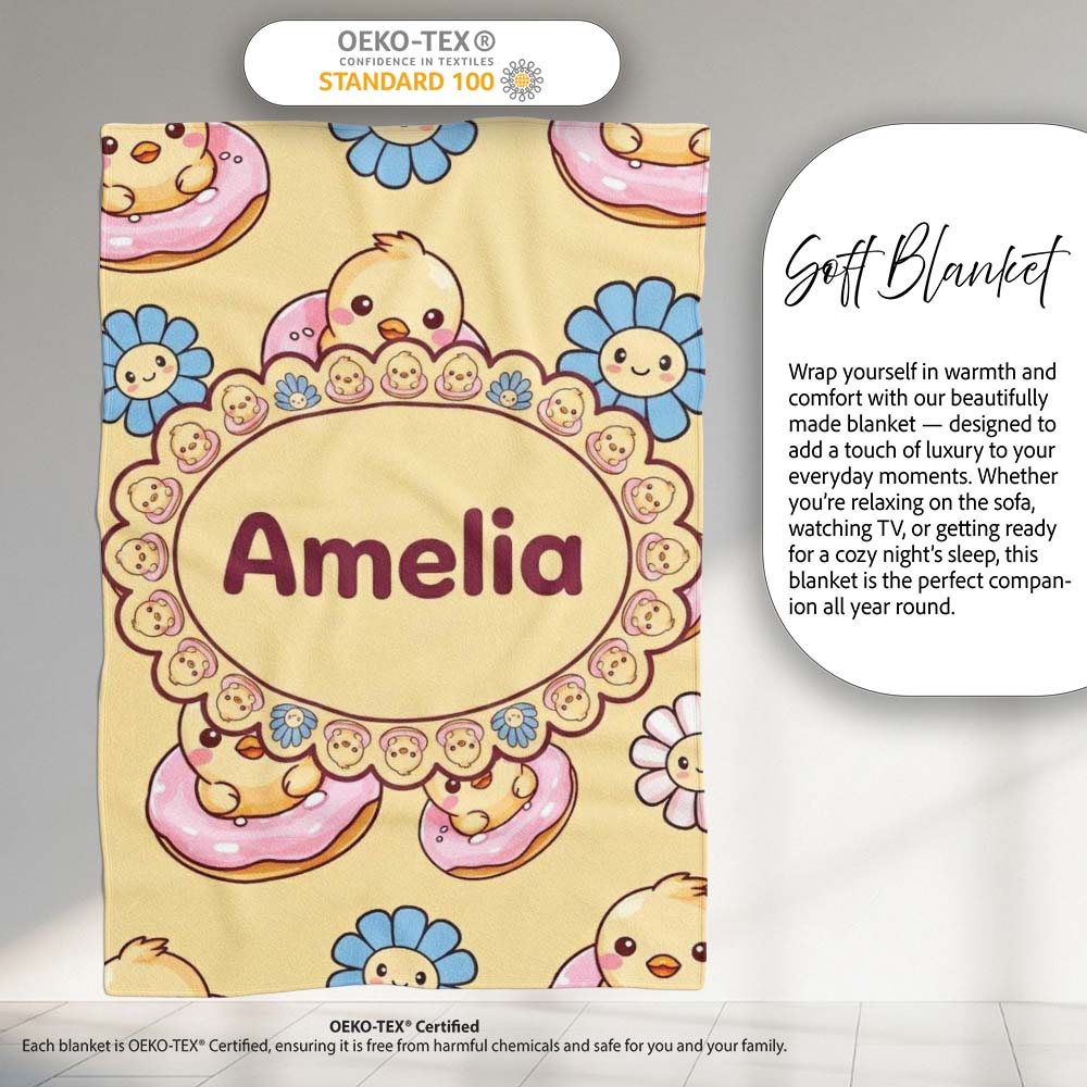 Cute Baby Chick Donut Flowers Seamless Pattern Pastel Yellow Lovely  Personalised Custom Name Super Soft Fleece Blanket Bed Sofa Throw
