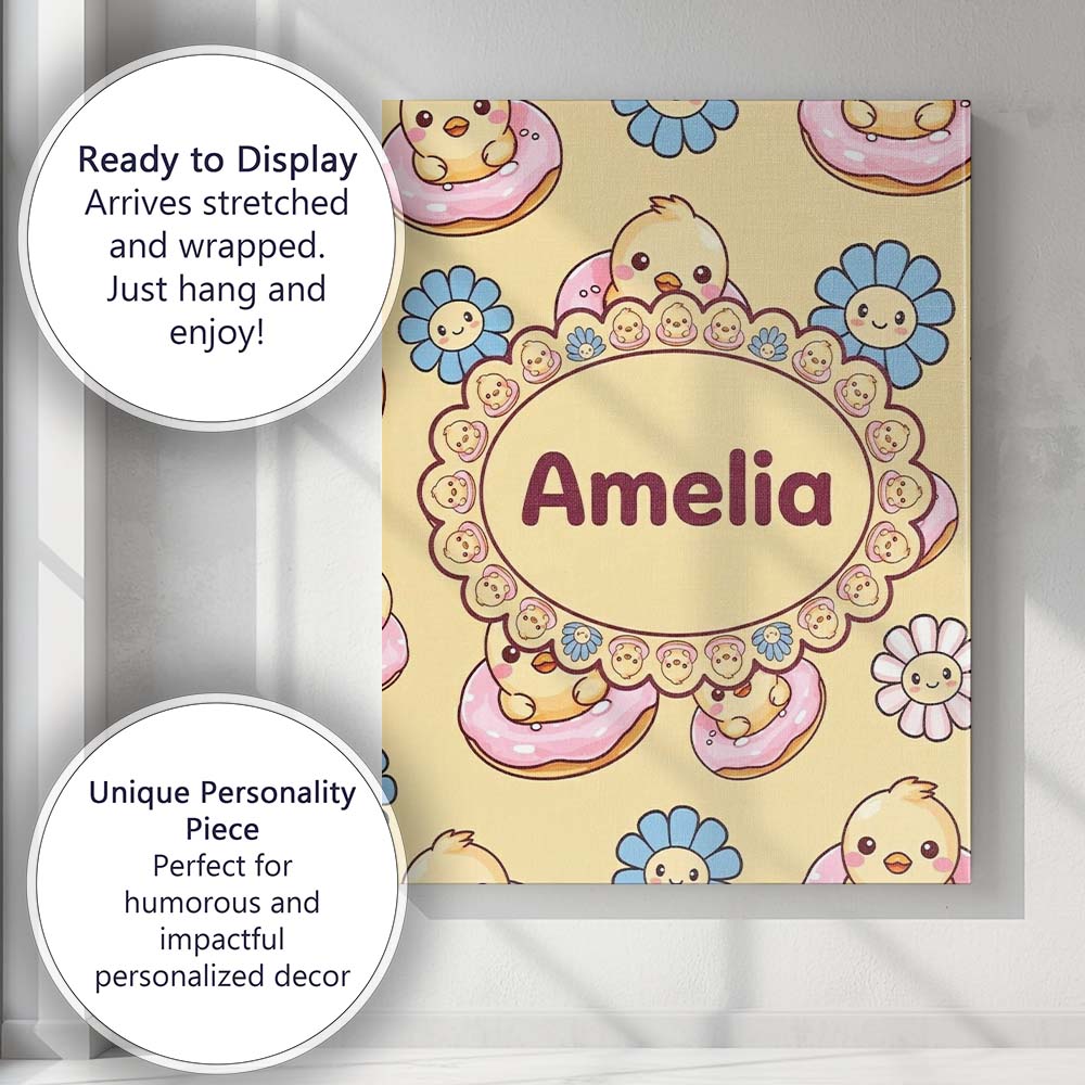Personalised Name Cute Baby Chick Donut Custom  Modern Room Accent Elegant Feature Canvas Wall Art Print Decor Picture Ready to Hang