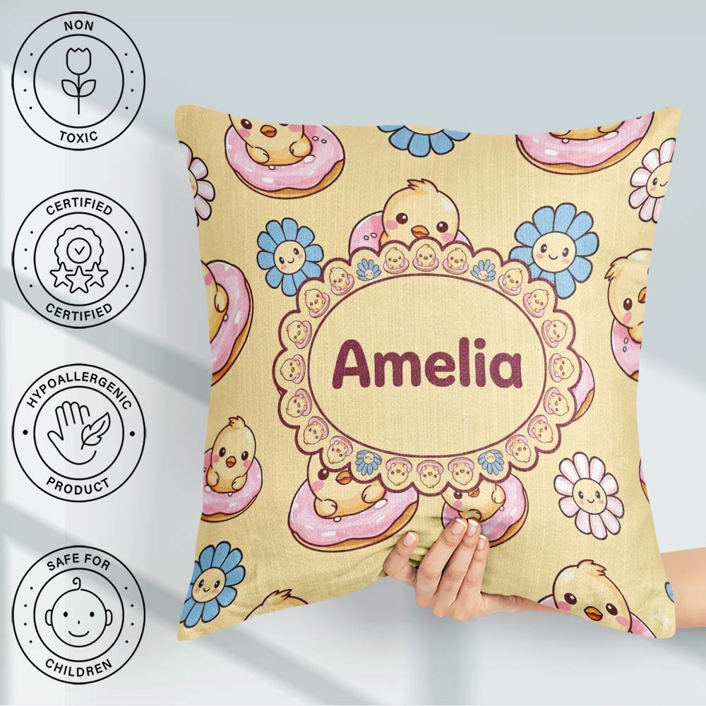 Custom Name Cute Baby Chick Donut Flowers Seamless Pastel Yellow Square Filled Cushion Throw Pillow Sofa Bed Home Decor Zip Washable UK Made