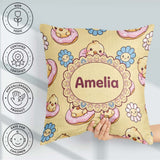 Custom Name Cute Baby Chick Donut Flowers Seamless Pastel Yellow Square Filled Cushion Throw Pillow Sofa Bed Home Decor Zip Washable UK Made