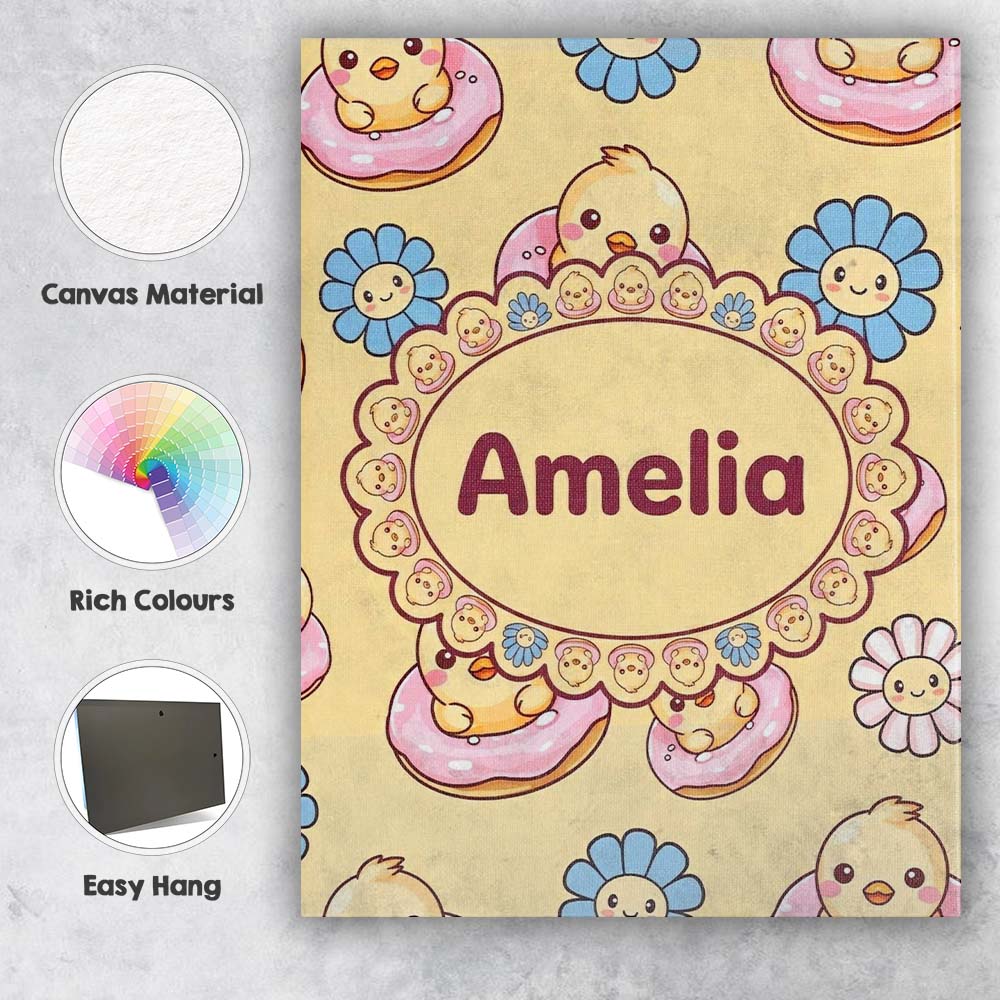 Personalised Name Cute Baby Chick Donut Custom  Modern Room Accent Elegant Feature Canvas Wall Art Print Decor Picture Ready to Hang