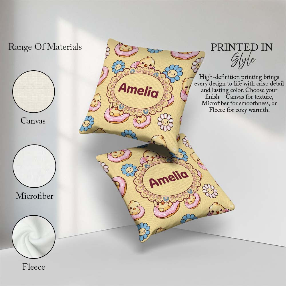 Custom Name Cute Baby Chick Donut Flowers Seamless Pastel Yellow Square Filled Cushion Throw Pillow Sofa Bed Home Decor Zip Washable UK Made