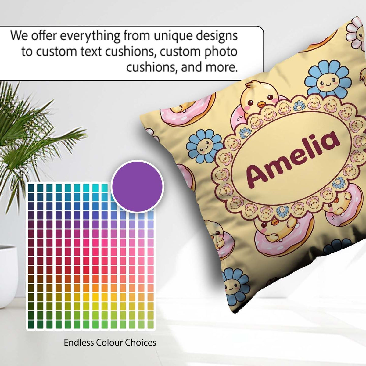 Custom Name Cute Baby Chick Donut Flowers Seamless Pastel Yellow Square Filled Cushion Throw Pillow Sofa Bed Home Decor Zip Washable UK Made