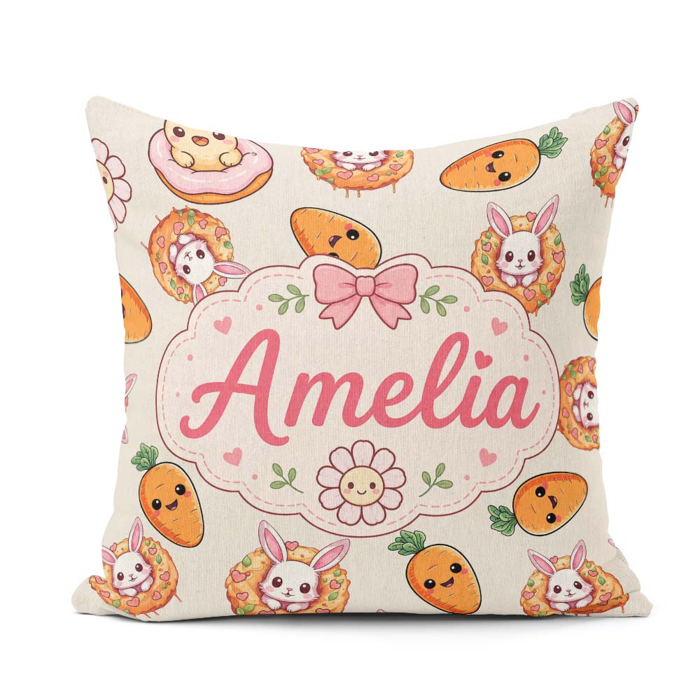 Custom Name Cute Easter Bunny Carrot Donut Hearts Seamless Cream Square Filled Cushion Throw Pillow Sofa Bed Home Decor Zip Washable UK Made