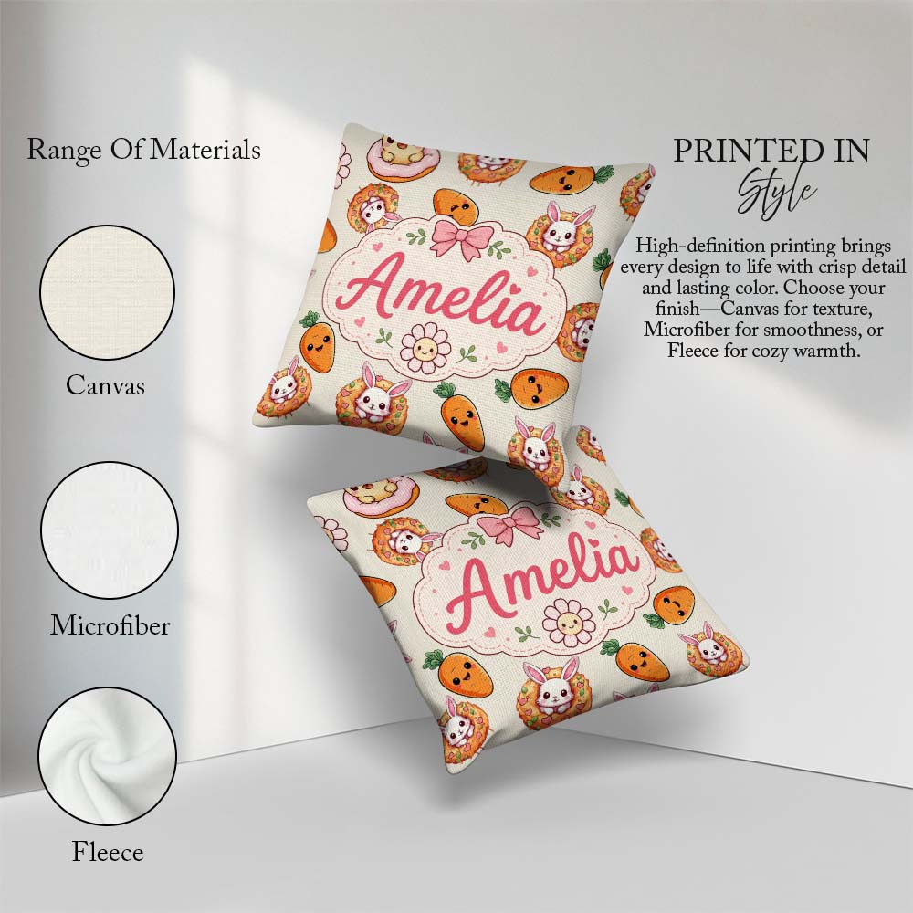 Custom Name Cute Easter Bunny Carrot Donut Hearts Seamless Cream Square Filled Cushion Throw Pillow Sofa Bed Home Decor Zip Washable UK Made