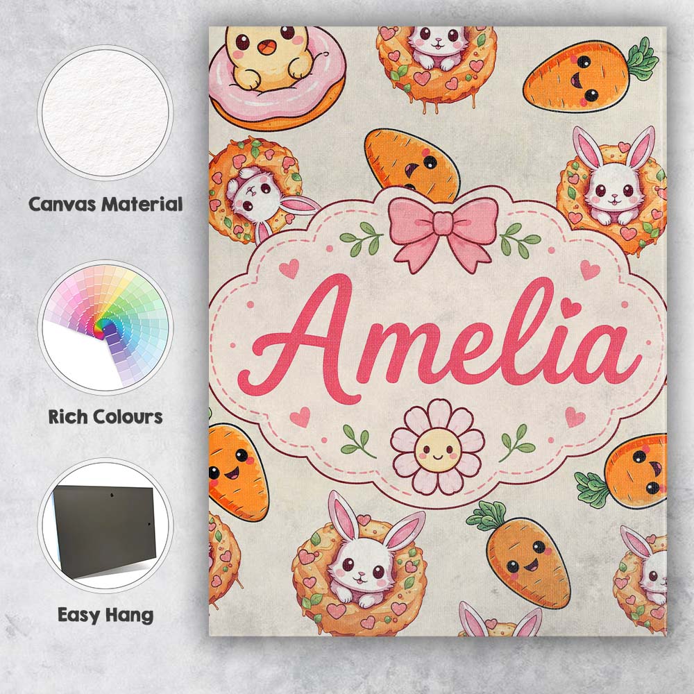 Personalised Name Cute Easter Bunny Carrot Custom  Unique Gift Idea Elegant Feature Canvas Wall Art Print Decor Picture Ready to Hang