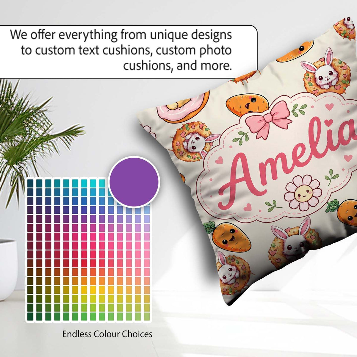 Custom Name Cute Easter Bunny Carrot Donut Hearts Seamless Cream Square Filled Cushion Throw Pillow Sofa Bed Home Decor Zip Washable UK Made