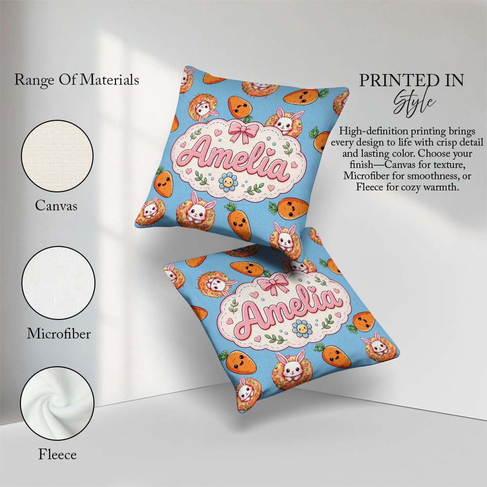 Custom Name Easter Bunny Carrot Hearts Seamless Pattern Sky Blue Square Filled Cushion Throw Pillow Sofa Bed Home Decor Zip Washable UK Made