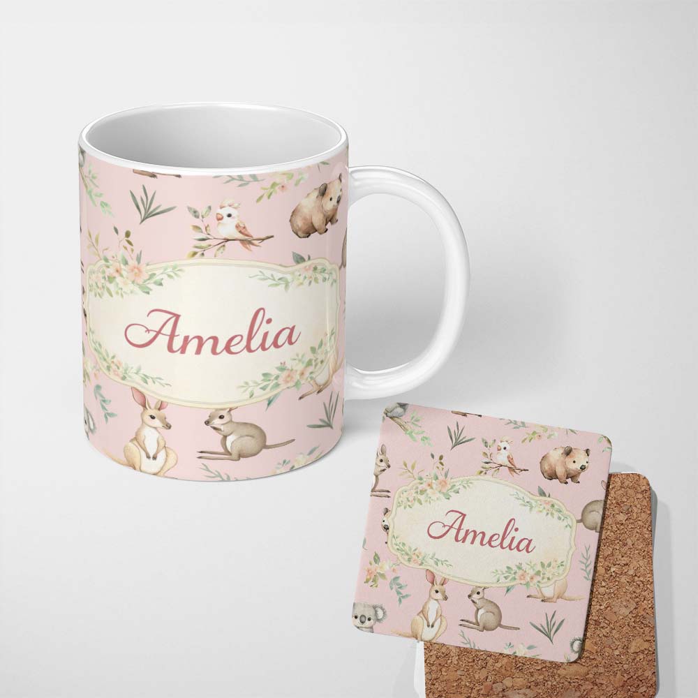 Personalized Custom Name Cute Woodland Animals Koala Kangaroo Bear Floral Pattern Blush Pink 11oz Ceramic Coffee Tea Mug White Large Handle