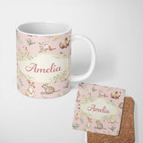 Personalized Custom Name Cute Woodland Animals Koala Kangaroo Bear Floral Pattern Blush Pink 11oz Ceramic Coffee Tea Mug White Large Handle