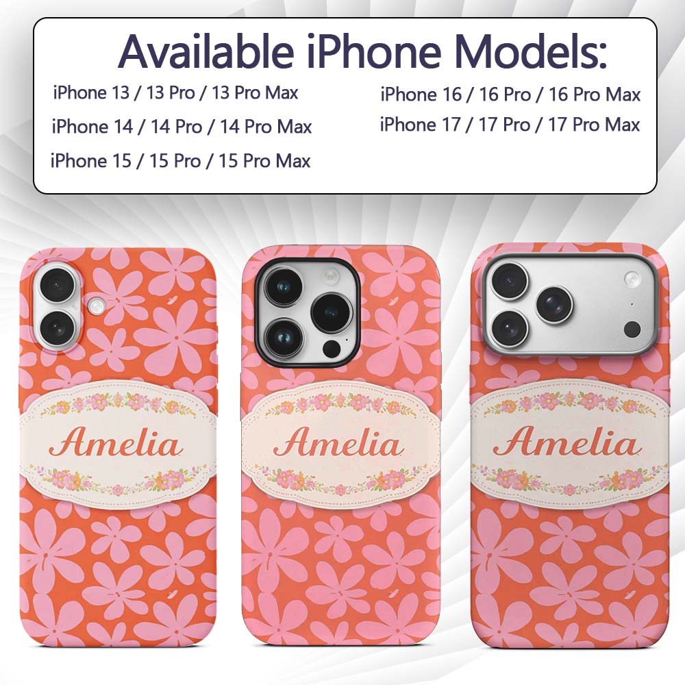 Bold Pink Floral Retro Orange Background Seamless Custom Name Protective Phone Case Mobile Cover Durable Everyday Smartphone Shock Resistant