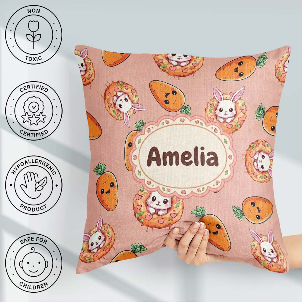 Custom Name Cute Easter Bunny Carrot Donut Hearts Seamless Peach Square Filled Cushion Throw Pillow Sofa Bed Home Decor Zip Washable UK Made