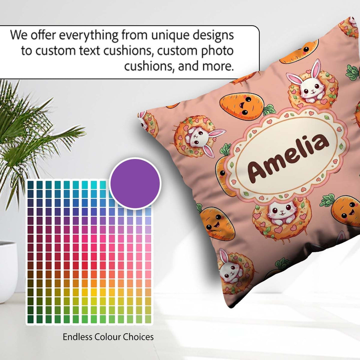 Custom Name Cute Easter Bunny Carrot Donut Hearts Seamless Peach Square Filled Cushion Throw Pillow Sofa Bed Home Decor Zip Washable UK Made