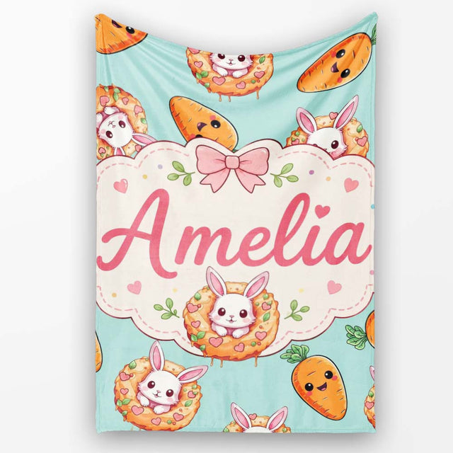 Cute Easter Bunny Carrot Donut Hearts Seamless Pattern Mint Green  Personalised Custom Name Super Soft Fleece Blanket Bed Sofa Throw