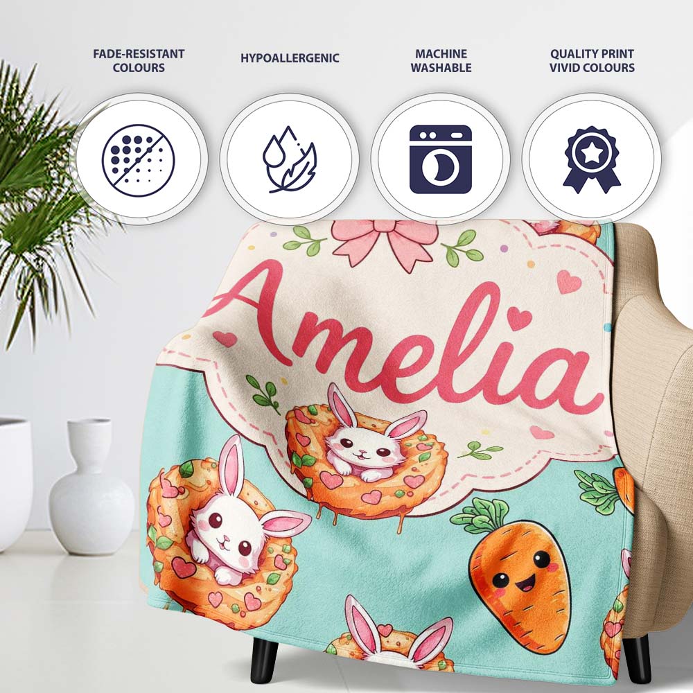 Cute Easter Bunny Carrot Donut Hearts Seamless Pattern Mint Green  Personalised Custom Name Super Soft Fleece Blanket Bed Sofa Throw