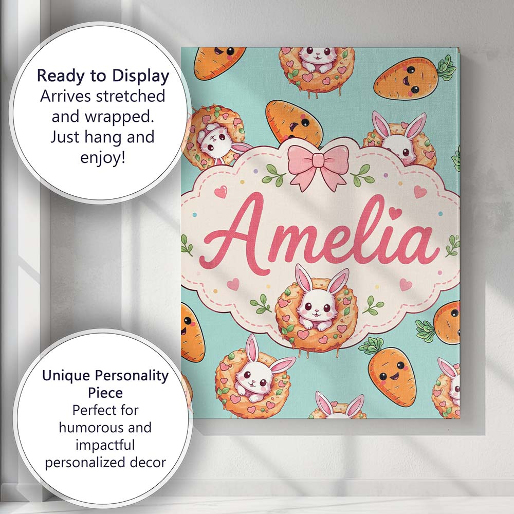Personalised Name Cute Easter Bunny Carrot Custom  Unique Gift Idea Elegant Feature Canvas Wall Art Print Decor Picture Ready to Hang