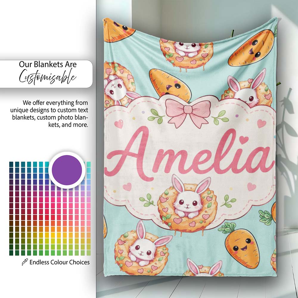 Cute Easter Bunny Carrot Donut Hearts Seamless Pattern Mint Green  Personalised Custom Name Super Soft Fleece Blanket Bed Sofa Throw