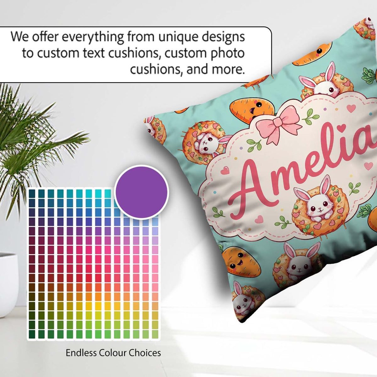 Custom Name Easter Bunny Carrot Donut Hearts Seamless Mint Green Square Filled Cushion Throw Pillow Sofa Bed Home Decor Zip Washable UK Made