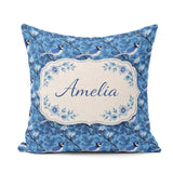 Custom Name Blue Bird Floral Branch Silhouette Blue Tone Pattern Square Filled Cushion Throw Pillow Sofa Bed Home Decor Zip Washable UK Made