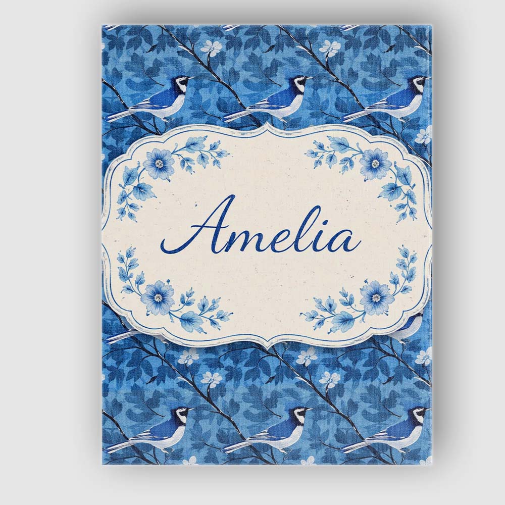Personalised Name Blue Bird Floral Branch Silhouette Tone Custom Creative Decorator Style Canvas Wall Art Print Decor Picture Ready to Hang