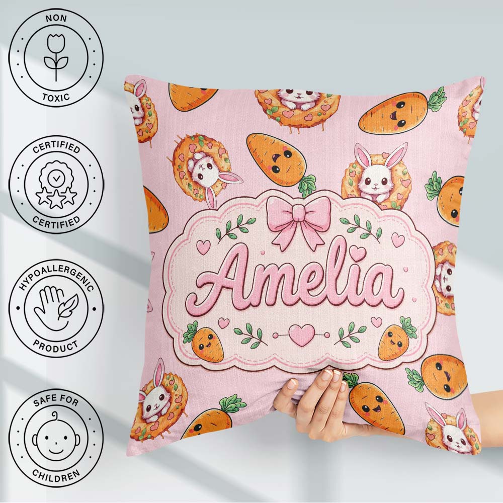 Custom Name Easter Bunny Carrot Donut Hearts Seamless Blush Pink Square Filled Cushion Throw Pillow Sofa Bed Home Decor Zip Washable UK Made