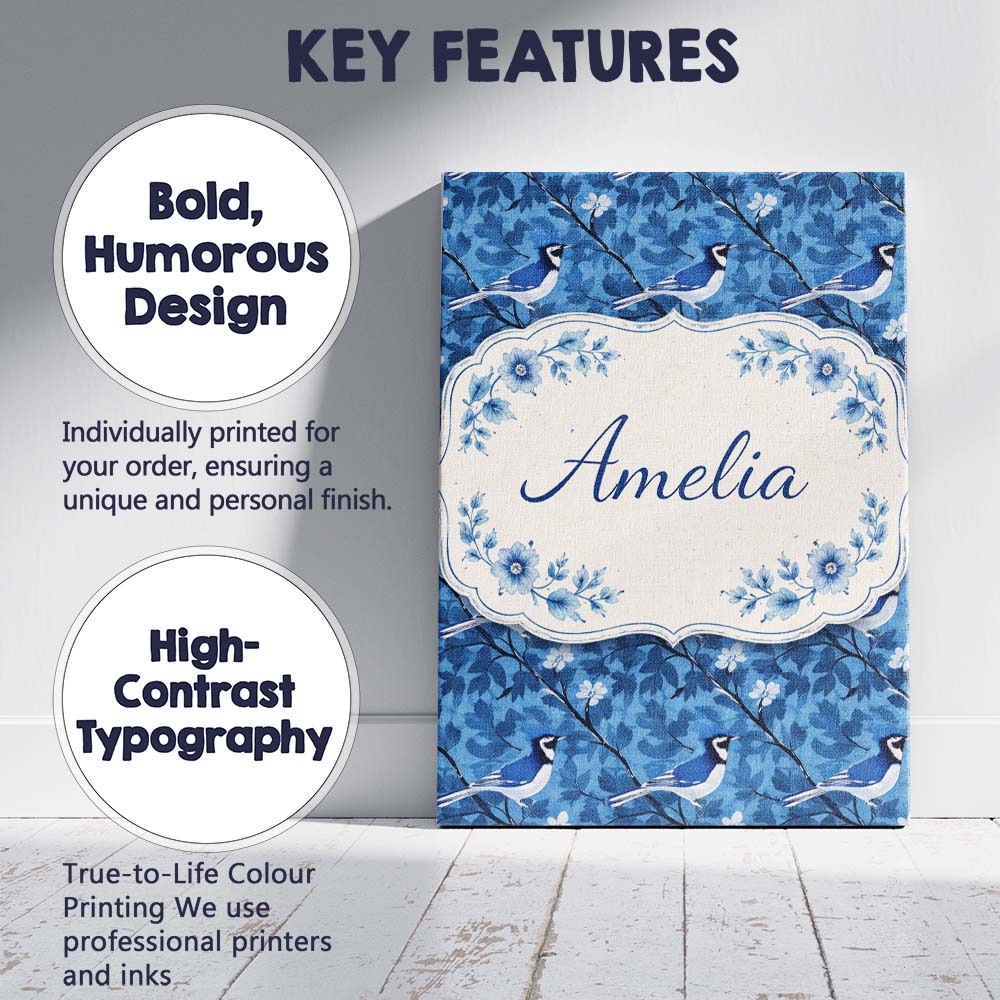 Personalised Name Blue Bird Floral Branch Silhouette Tone Custom Creative Decorator Style Canvas Wall Art Print Decor Picture Ready to Hang