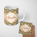 Personalized Custom Name Yellow Artistic Cake Seamless Pattern Painted Dessert Food Lovely 11oz Ceramic Coffee Tea Mug White Large Handle
