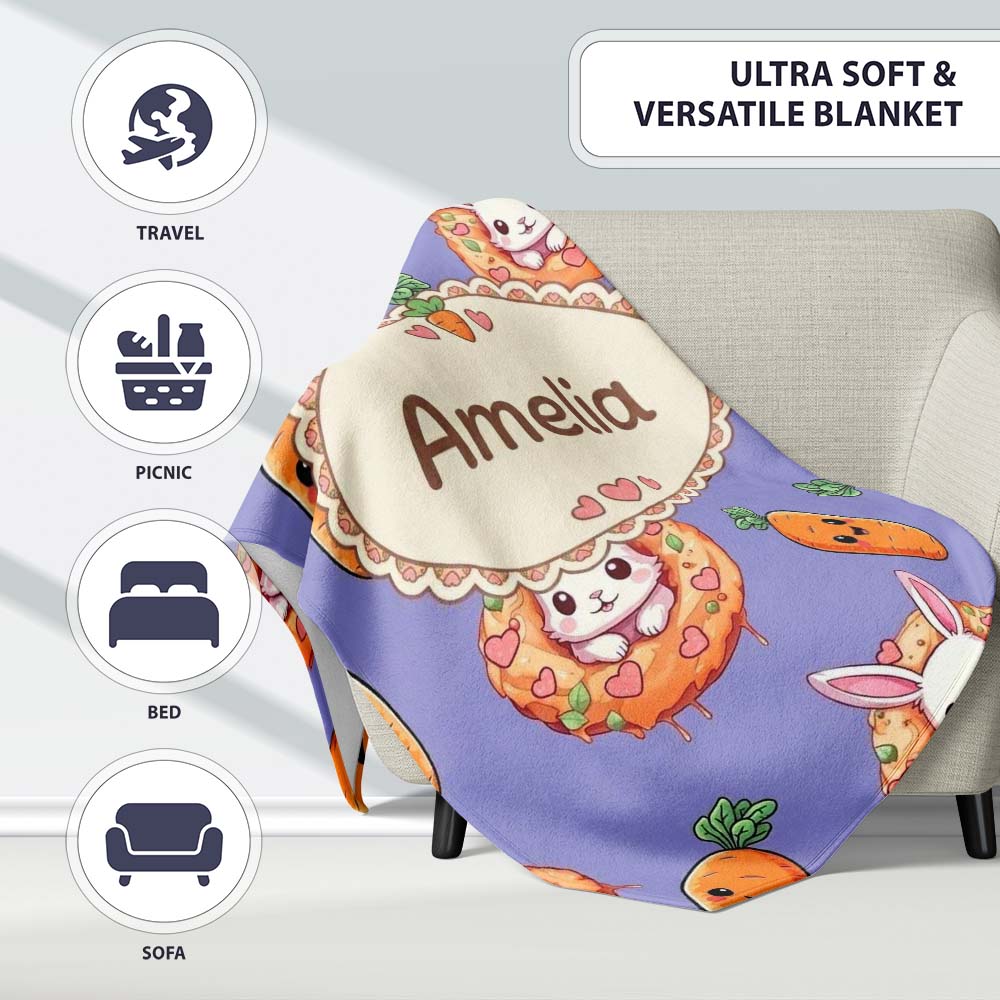 Cute Easter Bunny Carrot Donut Hearts Pattern Lavender Purple Lovely  Personalised Custom Name Super Soft Fleece Blanket Bed Sofa Throw