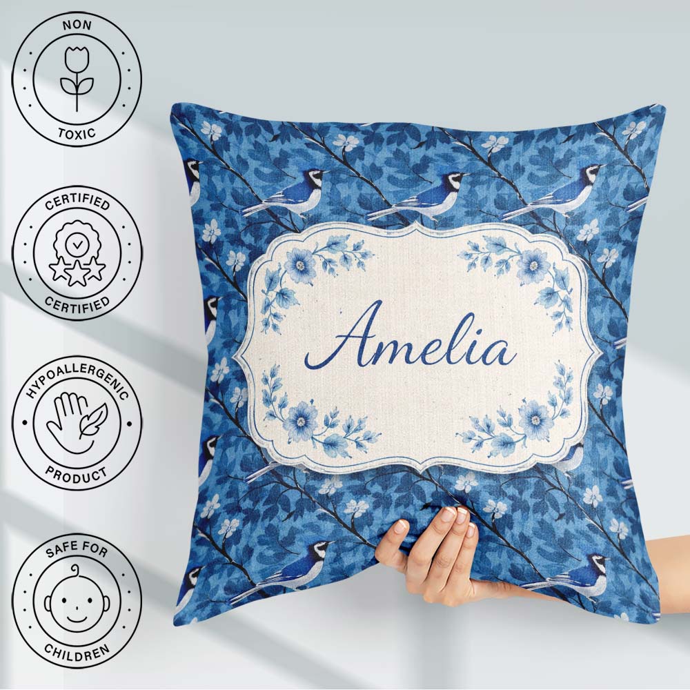 Custom Name Blue Bird Floral Branch Silhouette Blue Tone Pattern Square Filled Cushion Throw Pillow Sofa Bed Home Decor Zip Washable UK Made