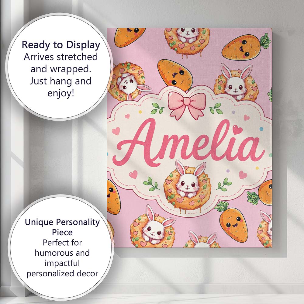 Personalised Name Cute Easter Bunny Carrot Custom  Unique Gift Idea Elegant Feature Canvas Wall Art Print Decor Picture Ready to Hang