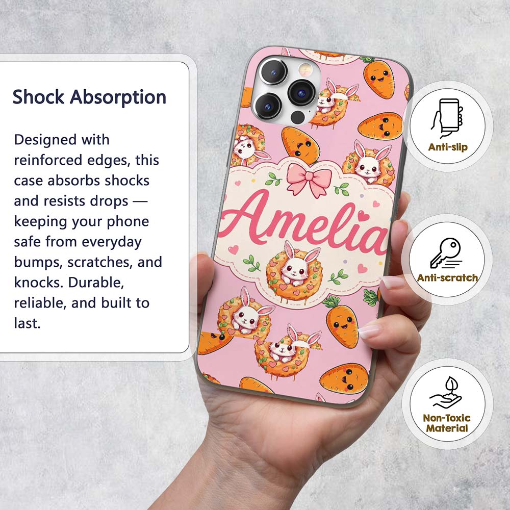 Cute Easter Bunny Carrot Donut Hearts Seamless Custom Name Protective Phone Case Mobile Cover Durable Everyday Smartphone Shock Resistant