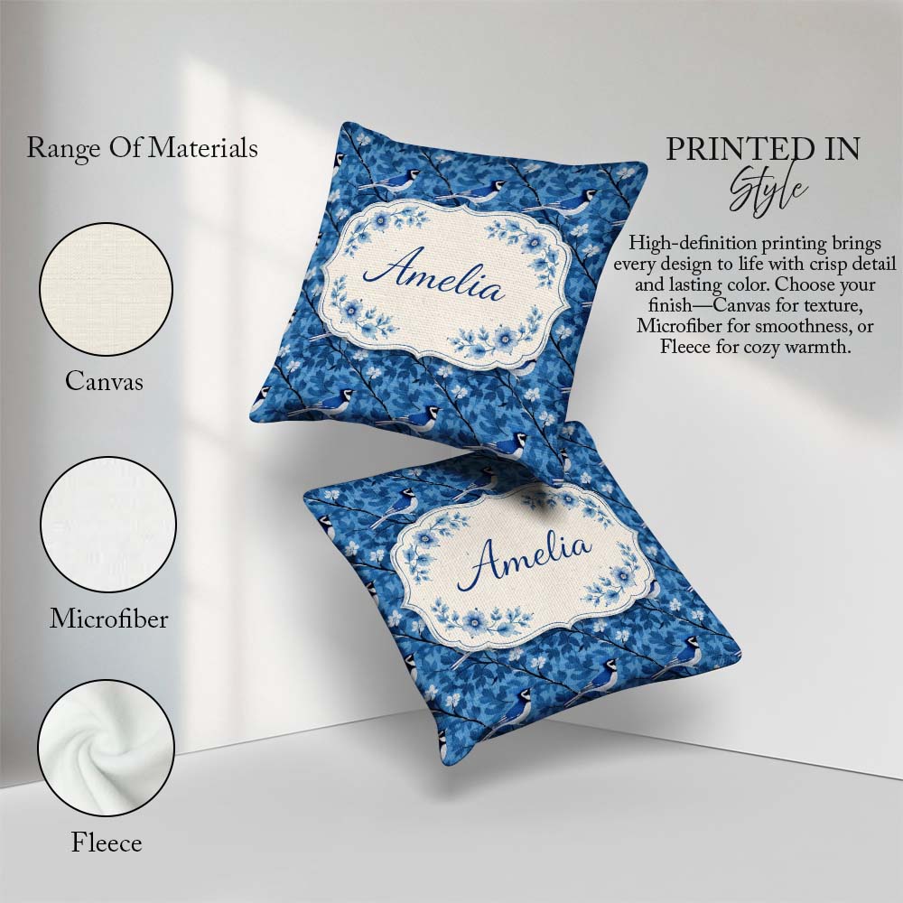 Custom Name Blue Bird Floral Branch Silhouette Blue Tone Pattern Square Filled Cushion Throw Pillow Sofa Bed Home Decor Zip Washable UK Made