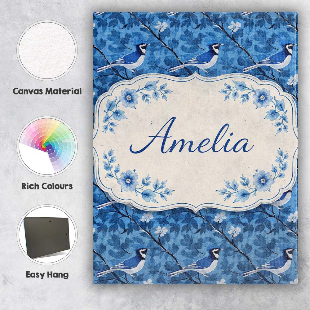 Personalised Name Blue Bird Floral Branch Silhouette Tone Custom Creative Decorator Style Canvas Wall Art Print Decor Picture Ready to Hang