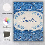 Personalised Name Blue Bird Floral Branch Silhouette Tone Custom Creative Decorator Style Canvas Wall Art Print Decor Picture Ready to Hang