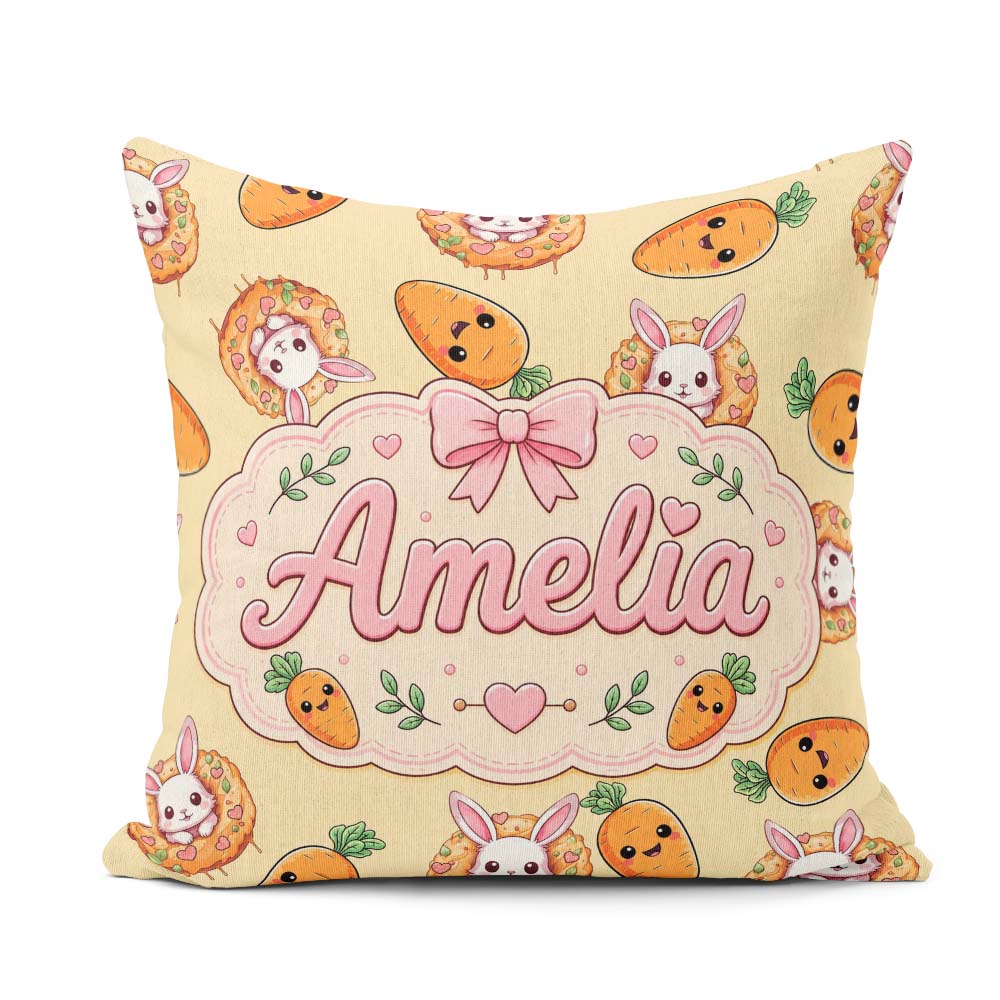 Custom Name Easter Bunny Carrot Donut Hearts Pattern Soft Yellow Square Filled Cushion Throw Pillow Sofa Bed Home Decor Zip Washable UK Made