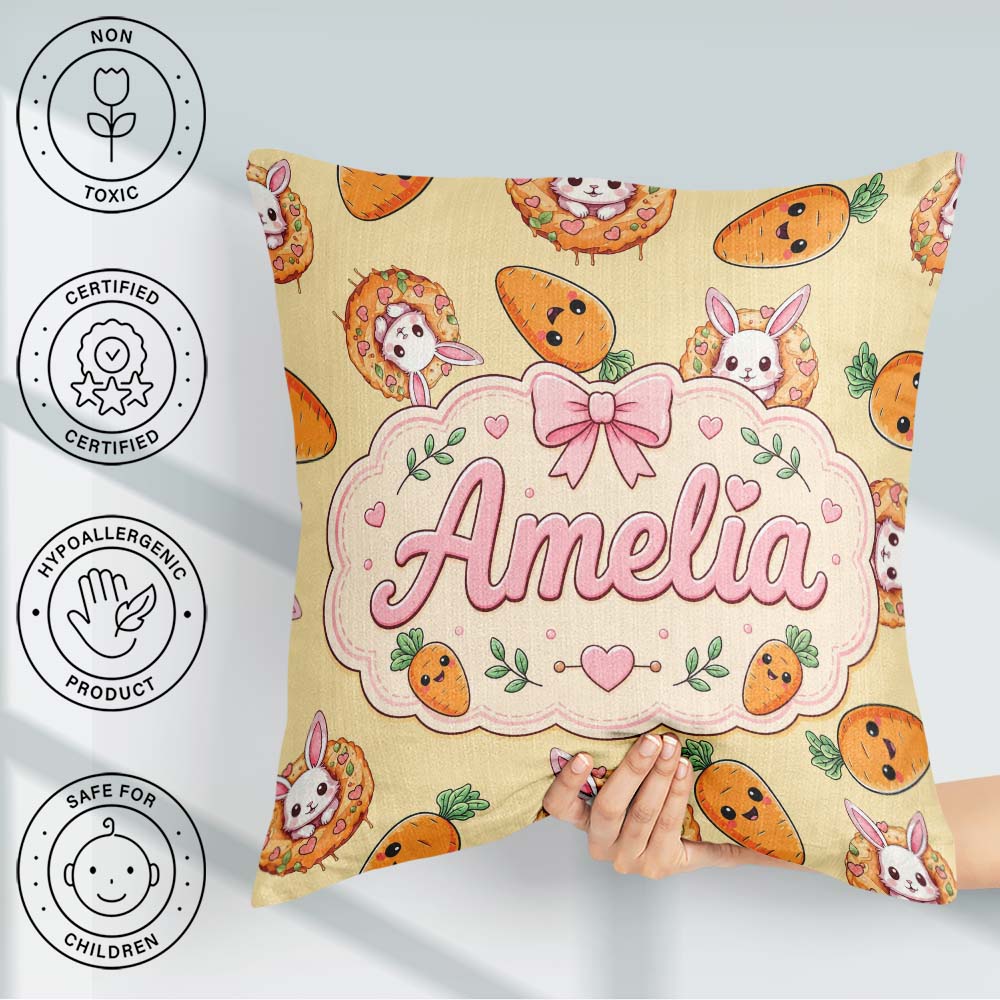 Custom Name Easter Bunny Carrot Donut Hearts Pattern Soft Yellow Square Filled Cushion Throw Pillow Sofa Bed Home Decor Zip Washable UK Made