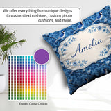 Custom Name Blue Bird Floral Branch Silhouette Blue Tone Pattern Square Filled Cushion Throw Pillow Sofa Bed Home Decor Zip Washable UK Made