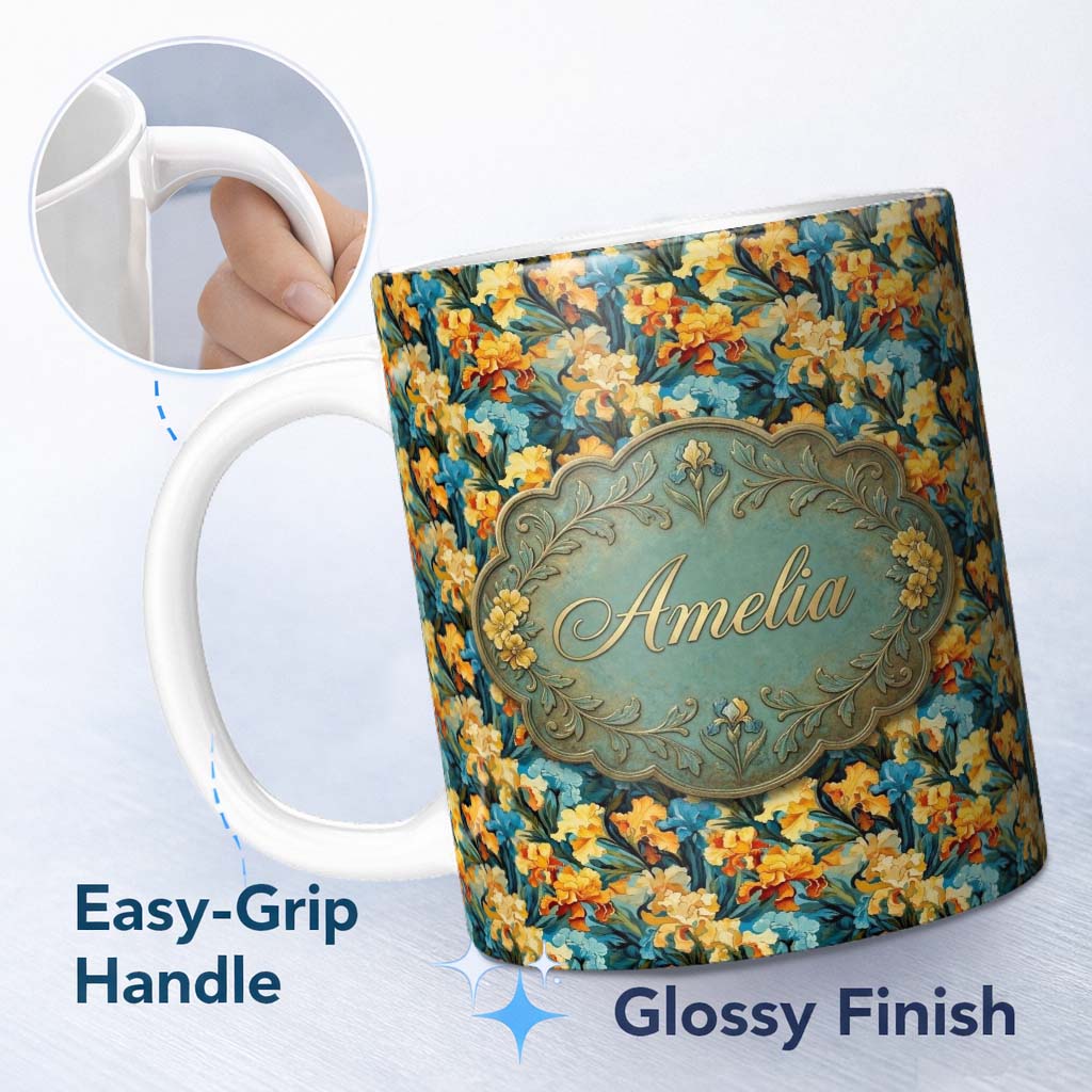 Personalized Custom Name Colorful Iris Floral Seamless Pattern in Blue and Yellow on Dark 11oz Ceramic Coffee Tea Mug White Large Handle
