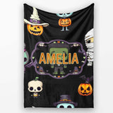 Cute Halloween Characters Pumpkin Skull Mummy Seamless Pattern White  Personalised Custom Name Super Soft Fleece Blanket Bed Sofa Throw