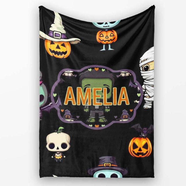 Cute Halloween Characters Pumpkin Skull Mummy Seamless Pattern White  Personalised Custom Name Super Soft Fleece Blanket Bed Sofa Throw