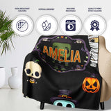 Cute Halloween Characters Pumpkin Skull Mummy Seamless Pattern White  Personalised Custom Name Super Soft Fleece Blanket Bed Sofa Throw