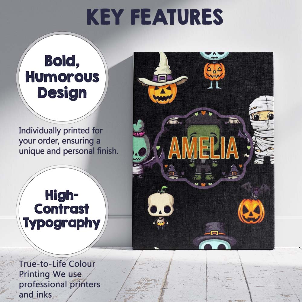 Personalised Name Cute Halloween Characters Custom  Bespoke Interior Contemporary Canvas Wall Art Print Decor Picture Ready to Hang